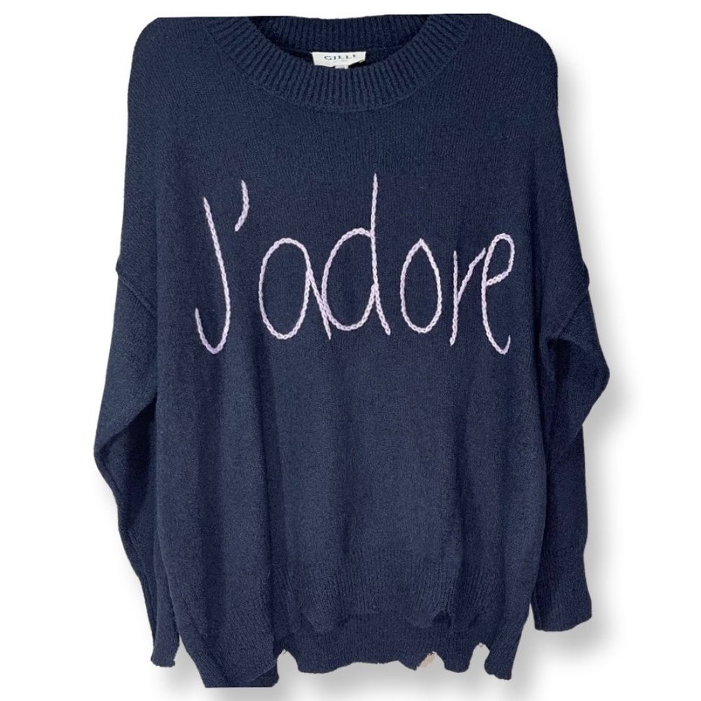 GILLI "J'adore" Womens Script Embroidered  Crew Neck Sweater Navy Purple Size S